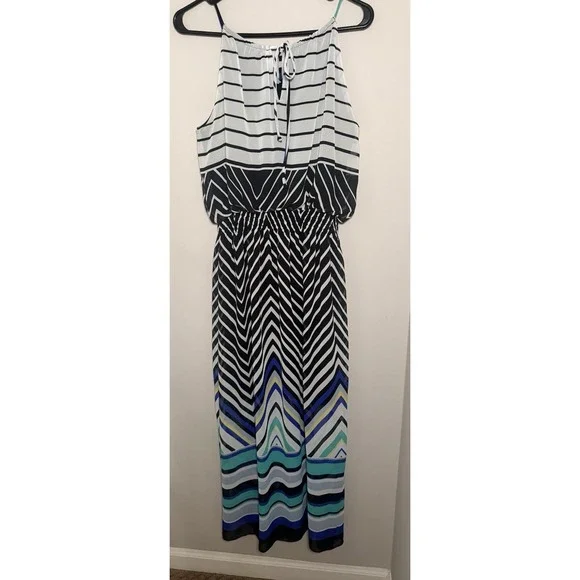 En Focus Studio Striped Maxi Dress Black White Blue Drawstring Strap Size 12 - Picture 2 of 7